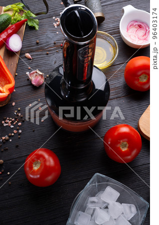 cooking classic spanish raw eating cold soup Gazpacho.  food recipe. healthy concept. 96403174