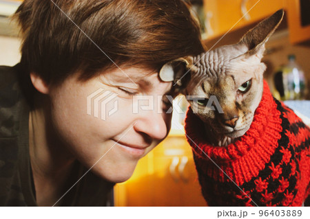 Woman loving cat. Rubbing her head on the cat's head. Beloved Canadian Sphynx breed. Mistress and bald kitty in red sweater. Human pet - loyalty, affection, emotions, tenderness. Feline lover portrait Woman loving cat. Rubbing her head on the cat's head. Beloved Canadian Sphynx breed. Mistress and bald kitty in red sweater. Human pet - loyalty, affection, emotions, tenderness. Feline lover portrait 96403889
