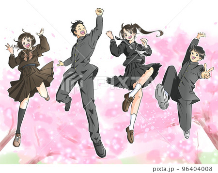 桜を背景にジャンプする男女の学生　冬服 96404008