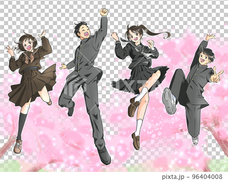 桜を背景にジャンプする男女の学生　冬服 96404008