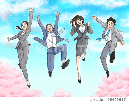 青空と桜を背景にジャンプするスーツ姿の男女のイラスト 96405617
