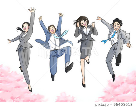 桜を背景にジャンプするスーツ姿の男女のイラスト 96405618