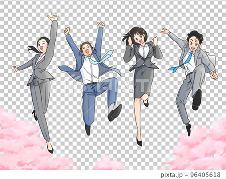 桜を背景にジャンプするスーツ姿の男女のイラスト 96405618