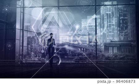 The robot works with the data hologram, 3D render. 96406873