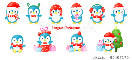 Penguin christmas Watercolor Clipart, merry christmas Penguin christmas Watercolor Clipart, merry christmas 96407179