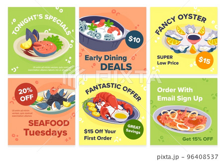 Network web page set with seafood restaurant deals 96408537