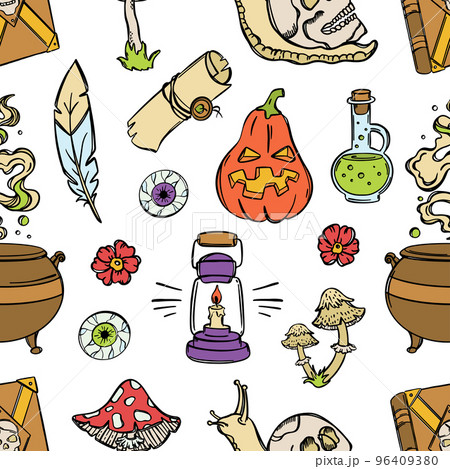 HALLOWEEN CANDLE Pumpkin Lamp Cauldron Poison Skull And Other Witchcraft Elements Flat Design With Stroke Cartoon Hand Drawn Seamless Pattern Vector Sketch 96409380
