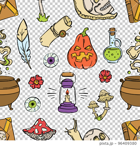 HALLOWEEN CANDLE Pumpkin Lamp Cauldron Poison Skull And Other Witchcraft Elements Flat Design With Stroke Cartoon Hand Drawn Seamless Pattern Vector Sketch 96409380