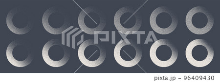 Round shaped dotted objects, stipple elements. Fading gradient. Stippling, dotwork drawing, shading using dots. Pixel disintegration, halftone effect. White noise grainy texture. Vector illustration 96409430