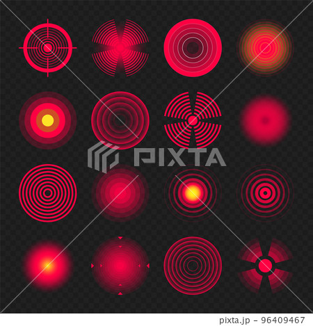 Pain localization marks. Painful area, aching spot. Red circles, targets. Headache, bruised body part marker. Back, neck, muscle pain symbol. Healthcare ad, medical information. Vector illustration. 96409467