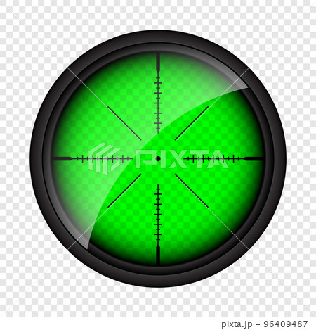 Weapon night sight, sniper rifle optical scope. Hunting gun viewfinder with crosshair. Aim, shooting mark symbol. Military target sign, silhouette. Game interface UI element. Vector illustration Weapon night sight, sniper rifle optical scope. Hunting gun viewfinder with crosshair. Aim, shooting mark symbol. Military target sign, silhouette. Game interface UI element. Vector illustration 96409487