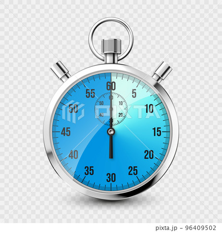 Realistic classic stopwatch icon. Shiny metal chronometer, time counter with dial. Blue countdown timer showing minutes and seconds. Time measurement for sport, start and finish. Vector illustration 96409502