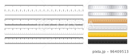 Realistic metal and plastic rulers. Measurement scales with divisions. Scale for measuring length or height in centimeters, inches. Ruler, tape measure marks, size indicators. Vector illustration 96409513