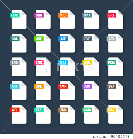 Common system file formats. Document types and extensions. Flat style icons collection. Document pictogram, web design UI element, template. Computer program or application icon. Vector illustration 96409573