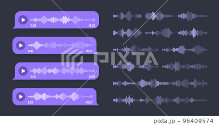 Voice, audio message, violet speech bubble. SMS text frame. Social media chat or messaging app conversation. Voice assistant, recorder. Sound wave pattern. Dark mode. Vector illustration 96409574