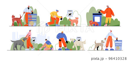 People walk with dogs in park and cleanup poop 96410328