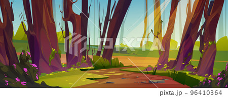 Footpath in sunlit forest cartoon illustration 96410364