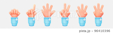 Set of 3D hand showing one to five fingers, fist Set of 3D hand showing one to five fingers, fist 96410396