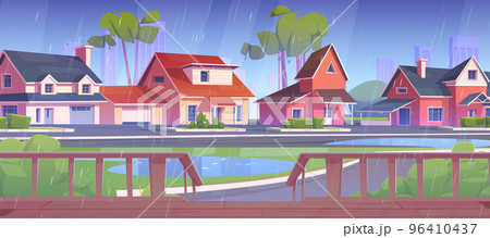 Suburb street with houses, wooden terrace in rain Suburb street with houses, wooden terrace in rain 96410437