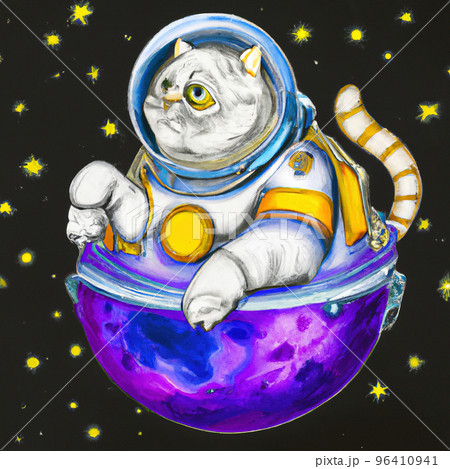 A cat in a spacesuit in open space against the background of stars and planets. 96410941