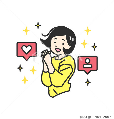 SNSでいいねやフォローを獲得して、ジャンプして喜ぶ女性のシンプルイラスト 96412067