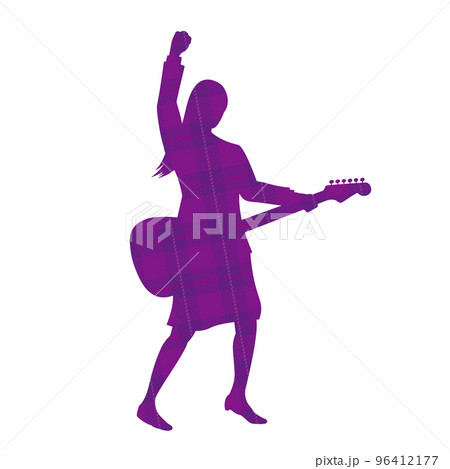ギターを弾く女性会社員のイラストイメージ　チェック柄 96412177