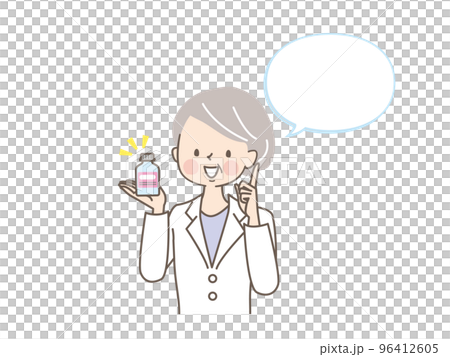 薬局の女性スタッフが薬について説明するイラスト素材 96412605