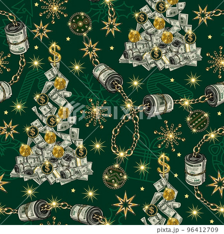 Pattern with christmas tree made of 100 dollar banknotes, coins. Festive garland of jewelry gold chains and dollar rolls. Shiny snowflakes, stars, sparkles, outline icons on green background 96412709
