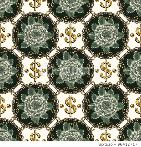 Seamless geometric pattern with green roses made of 100 US dollar bills, golden dollar sign, gold chains, beads. Elements arranged in staggered manner. Creative money background. Seamless geometric pattern with green roses made of 100 US dollar bills, golden dollar sign, gold chains, beads. Elements arranged in staggered manner. Creative money background. 96412717
