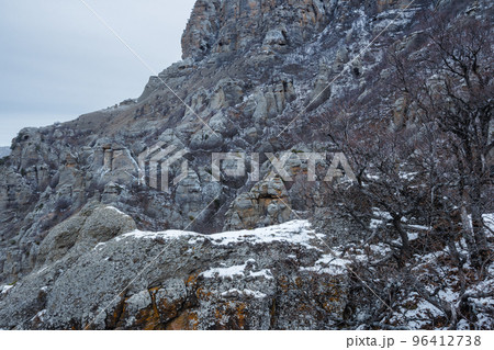 Bizarre rocks of Valley of ghosts on Mount Demerdzhi in spring. Crimea 96412738