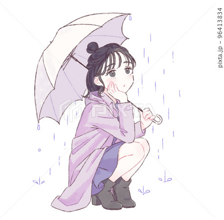 傘を差してしゃがむ女性 雨粒あり 96413834