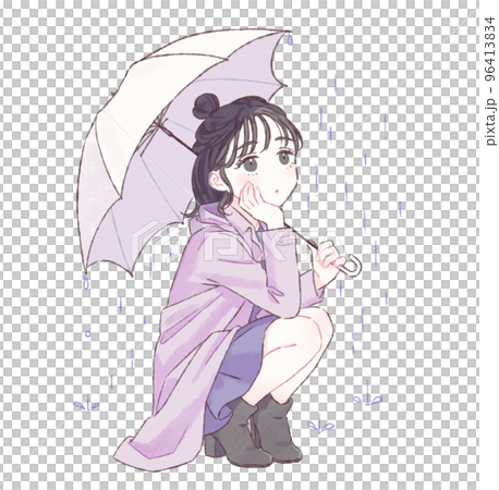 傘を差してしゃがむ女性 雨粒あり 96413834