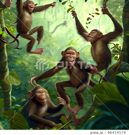 Funny monkeys fool around on vines in the jungle Funny monkeys fool around on vines in the jungle 96414579