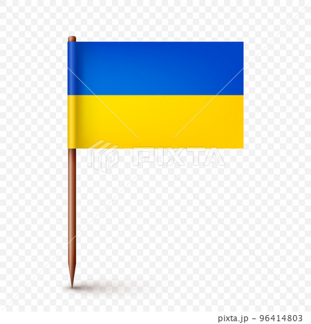Realistic Ukrainian toothpick flag. Souvenir from Ukraine. Wooden toothpick with paper flag. Location mark, map pointer. Blank mockup for advertising and promotions. Vector illustration 96414803