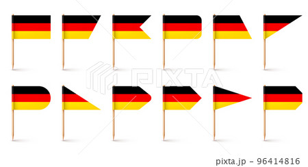 Realistic various German toothpick flags. Souvenir from Germany. Wooden toothpicks with paper flag. Location mark, map pointer. Blank mockup for advertising and promotions. Vector illustration 96414816