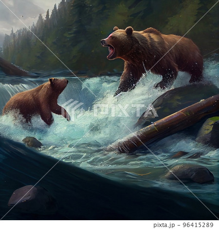 Bears stand in the river and catch salmon jumping 96415289
