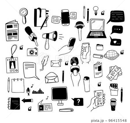 Big collection journalism. Items of journalists reporters, microphone, voice recorder, laptop, bullhorn, newspaper, notepads, letters and online messages. Isolated vector linear hand doodles Big collection journalism. Items of journalists reporters, microphone, voice recorder, laptop, bullhorn, newspaper, notepads, letters and online messages. Isolated vector linear hand doodles 96415548