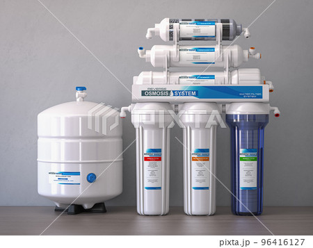 Reverse osmosis water purification system isolaterd on a kitchen table. Water cleaning system. 96416127