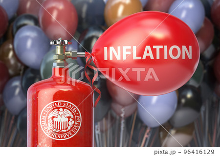 Fed and inflation. Tank with symbol of Federal Reserve system inflates of ballon of global economy. Fed and inflation. Tank with symbol of Federal Reserve system inflates of ballon of global economy. 96416129