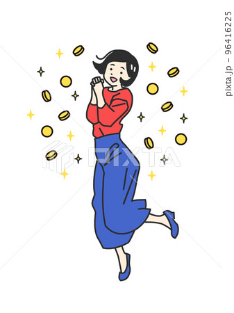ポイントが沢山手に入って喜んでいる若い女性のシプルタッチのイラスト 96416225