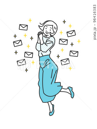 お問い合わせが沢山来て喜んでいるオフィスワーカーの若い女性のシプルタッチのベクターイラスト 96416383