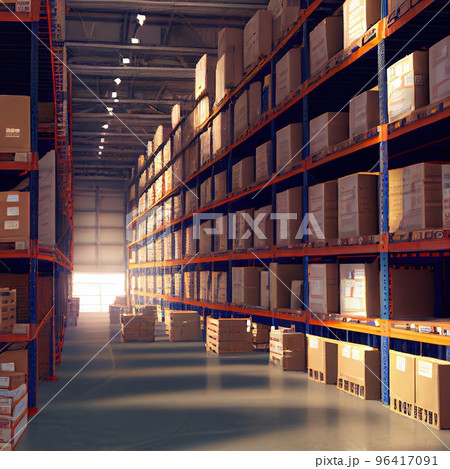 Huge shelves of a logistics company filled with boxes Huge shelves of a logistics company filled with boxes 96417091