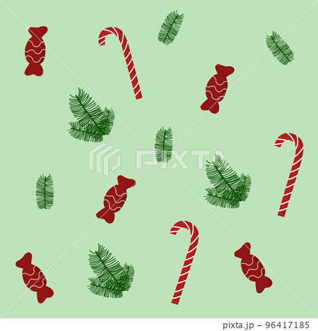 Christmas seamless pattern illustration on green background. Candy cane, tree branch, sweets. Christmas seamless pattern illustration on green background. Candy cane, tree branch, sweets. 96417185