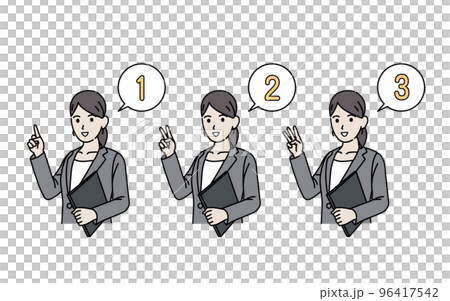 A woman in a suit expressing numbers with her fingers finger letters hand sign gesture A woman in a suit expressing numbers with her fingers finger letters hand sign gesture 96417542