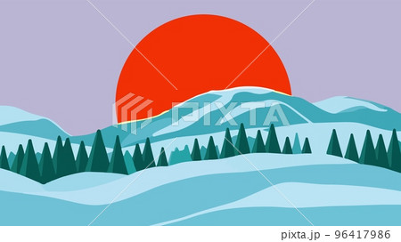 Minimalist vector winter panorama with big sun Minimalist vector winter panorama with big sun 96417986