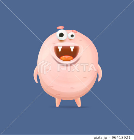 Vector cartoon funny pink alien monster isolated on blue background. Smiling silly pink monster print sticker design template. Cute Ghost, troll, gremlin, goblin, devil and halloween monster Vector cartoon funny pink alien monster isolated on blue background. Smiling silly pink monster print sticker design template. Cute Ghost, troll, gremlin, goblin, devil and halloween monster 96418921