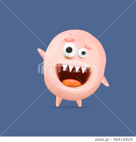 Vector cartoon funny pink alien monster isolated on blue background. Smiling silly pink monster print sticker design template. Cute Ghost, troll, gremlin, goblin, devil and halloween monster 96418929