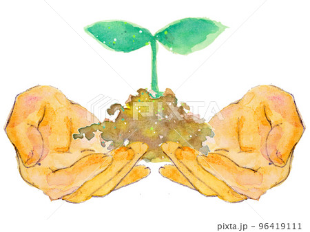 水彩風の包み込む手と若葉 96419111