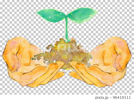 水彩風の包み込む手と若葉 96419111