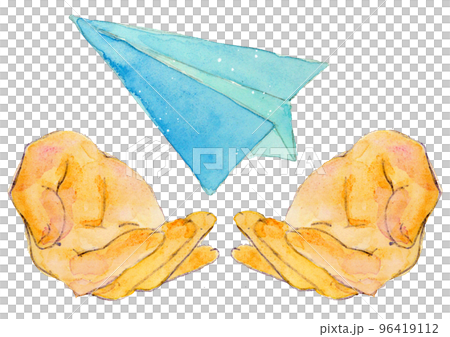 水彩風の包み込む手と紙ヒコーキ 96419112